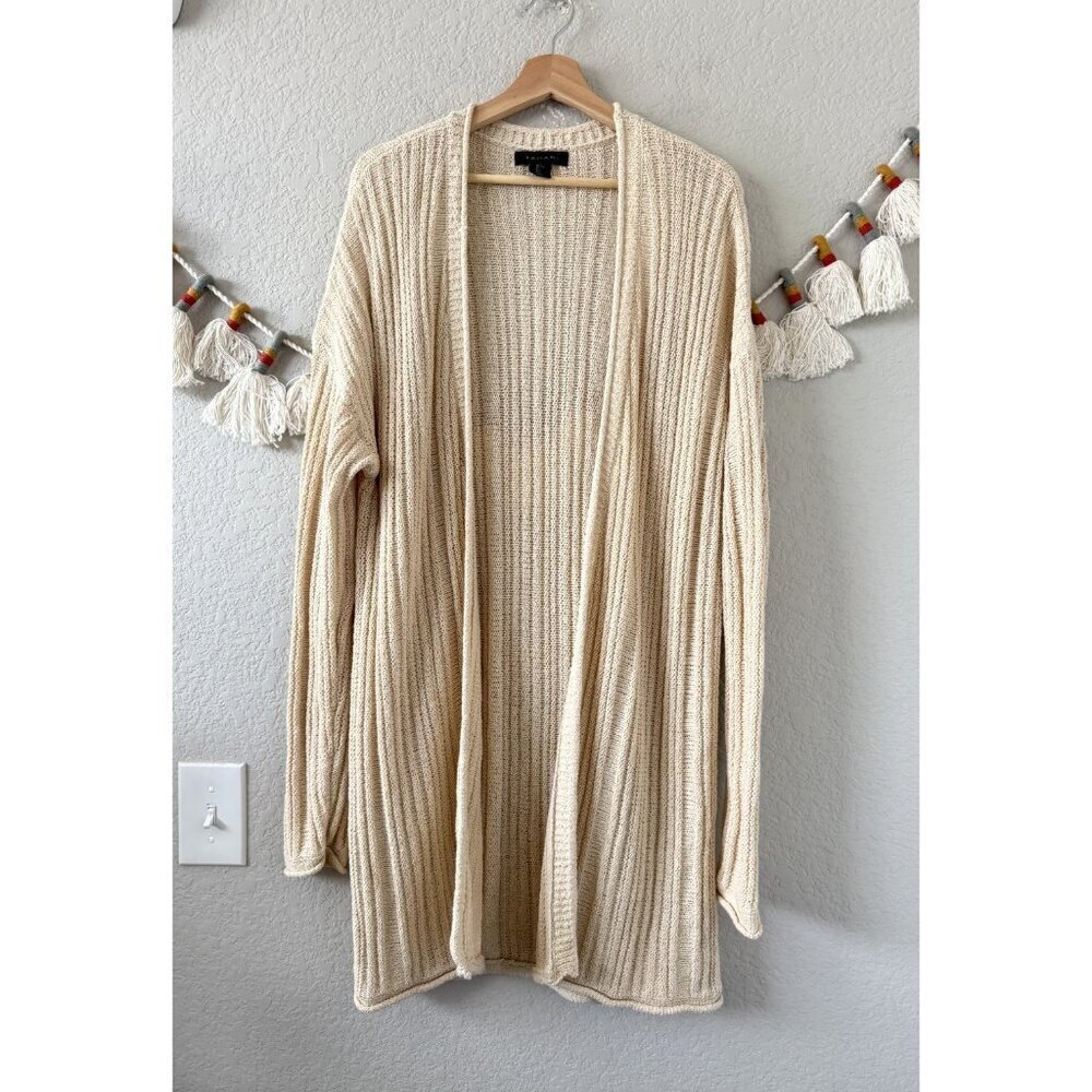 Tahari Cotton Blend Open Knit Longline Cardigan Timeless Minimalist Coastal L